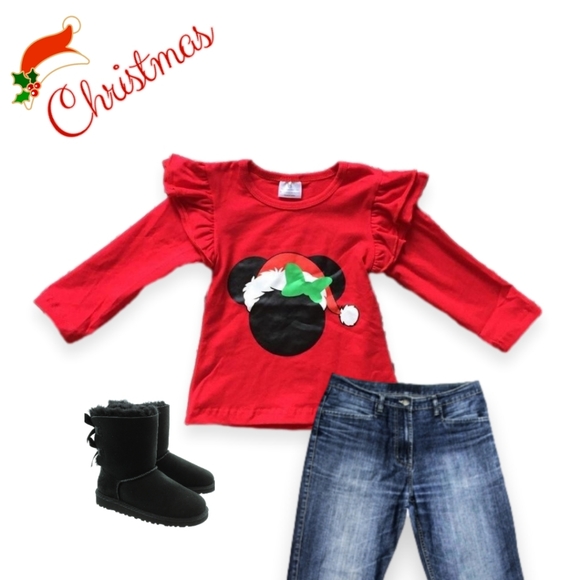 Girls Santa Hat Minnie inspired Ruffled Christmas Raglan Shirt - Picture 3 of 3